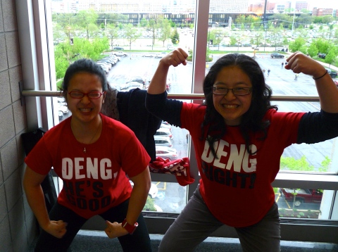 The Yin Seeesters [2.0 on the right & 1.0 on the left] at the Bulls/Heat ECF in 2011 in our Deng-themed shirts. 
